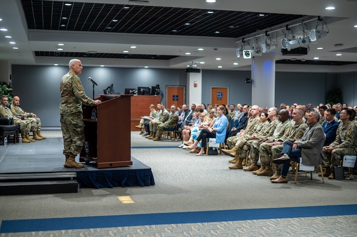 Lt. Gen. Philip A. Garrant, SSC commander speaks to SSC Guardians during the activation ceremony of System Deltas 84 & 810 at Space Systems Command’s headquarters at Los Angeles Air Force Base, Jul. 10, 2025. [U.S. Space Force Photo by: Van Ha]