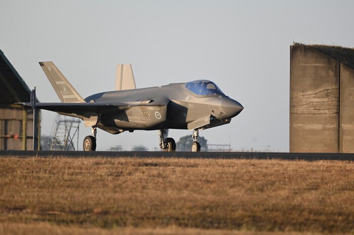 A Royal Australian Air Force F-35A Lightning II taxis on the flightline during Talisman Sabre 25 in Northern Territory, Australia, July 16, 2025. The F-35A was piloted by U.S. Air Force Maj. Colby “Burn” Kluesner, 388th Fighter Wing F-35A Lightning II evaluator pilot, as part of an international interfly between the RAAF, USAF, U.S. Marine Corps, and Royal Air Force. Talisman Sabre is the largest bilateral military exercise between Australia and the United States, that advances a safe and secure Indo-Pacific by strengthening relationships and interoperability among key allies and partners, while enhancing our collective capabilities to respond to a wide array of potential security concerns. (U.S. Air Force photo by Airman 1st Class Joseph Maye)