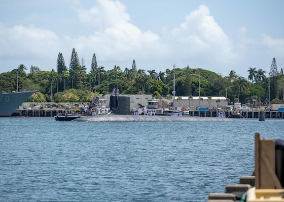 JOINT BASE PEARL HARBOR-HICKAM, Hawaii (July 22, 2025) - The Virginia-class fast-attack submarine USS Indiana (SSN 789) arrives at Joint Base Pearl Harbor-Hickam during its change of homeport, July 22. The Indiana is assigned to Submarine Squadron 7 and is capable of supporting various missions, including anti-submarine warfare, anti-surface ship warfare, strike warfare, and intelligence, surveillance, and reconnaissance. (U.S. Navy photo by Mass Communication Specialist 1st Class Scott Barnes)