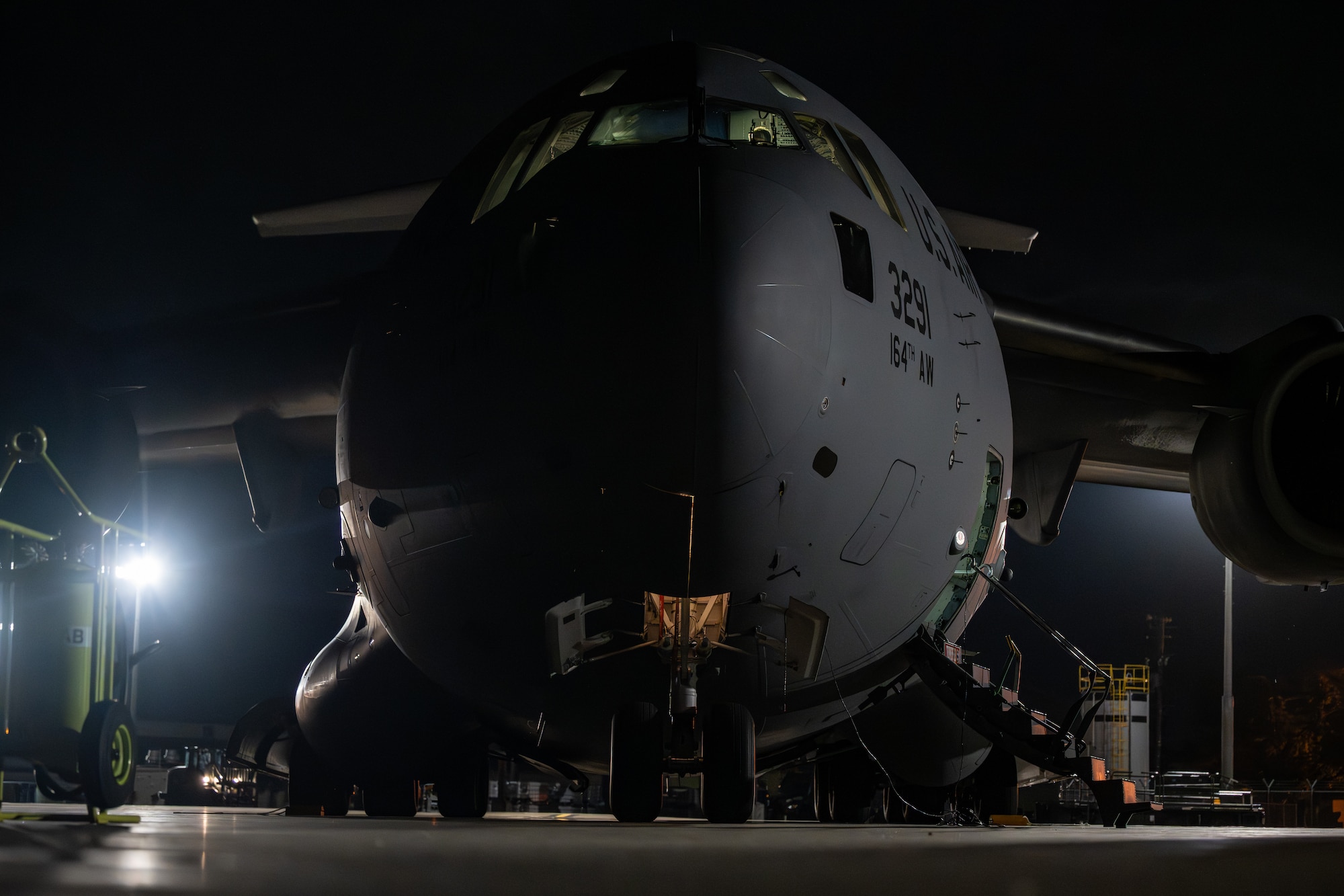 A U.S. Air Force C-17 Globemaster III aircraft assigned to the 155th Airlift Squadron parks on the flightline in support of exercise Resolute Force Pacific (REFORPAC) 2025 at Misawa Air Base, Japan, July 11, 2025.