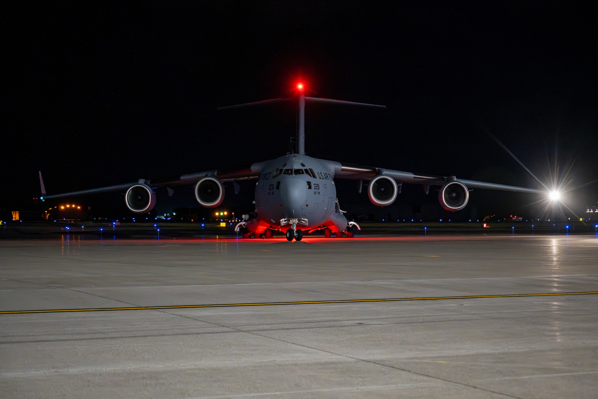 A U.S. Air Force C-17 Globemaster III aircraft assigned to the 155th Airlift Squadron taxis on the flight line after landing in support of exercise Resolute Force Pacific (REFORPAC) 2025 at Misawa Air Base, Japan, July 11, 2025.