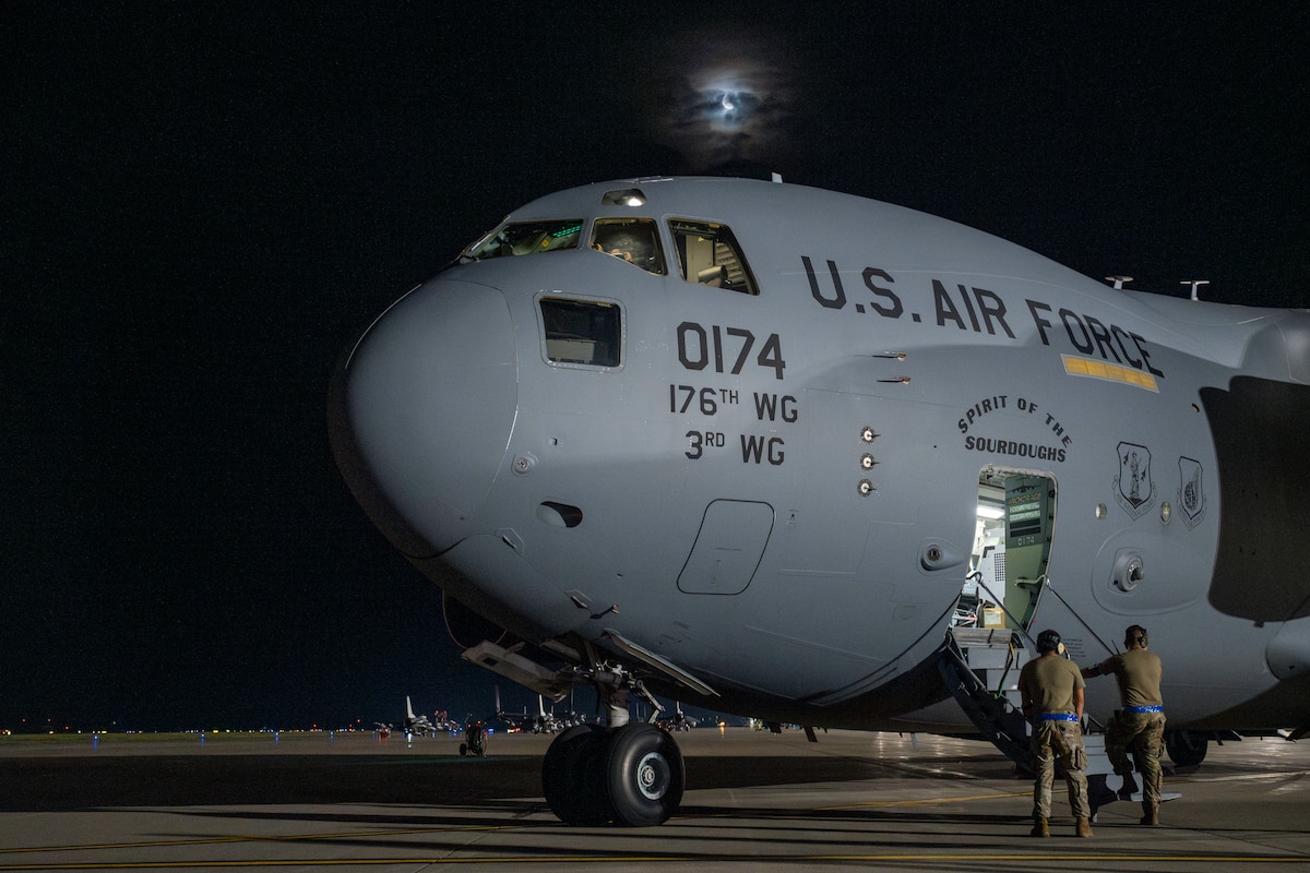 A U.S. Air Force C-17 Globemaster III aircraft assigned to the 176th Wing opens its door during exercise Resolute Force Pacific (REFORPAC) 2025 at Misawa Air Base, Japan, July 18, 2025.