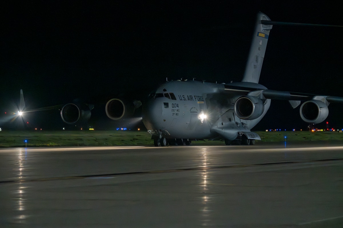 A U.S. Air Force C-17 Globemaster III aircraft assigned to the 176th Wing taxis during exercise Resolute Force Pacific (REFORPAC) 2025 at Misawa Air Base, Japan, July 18, 2025