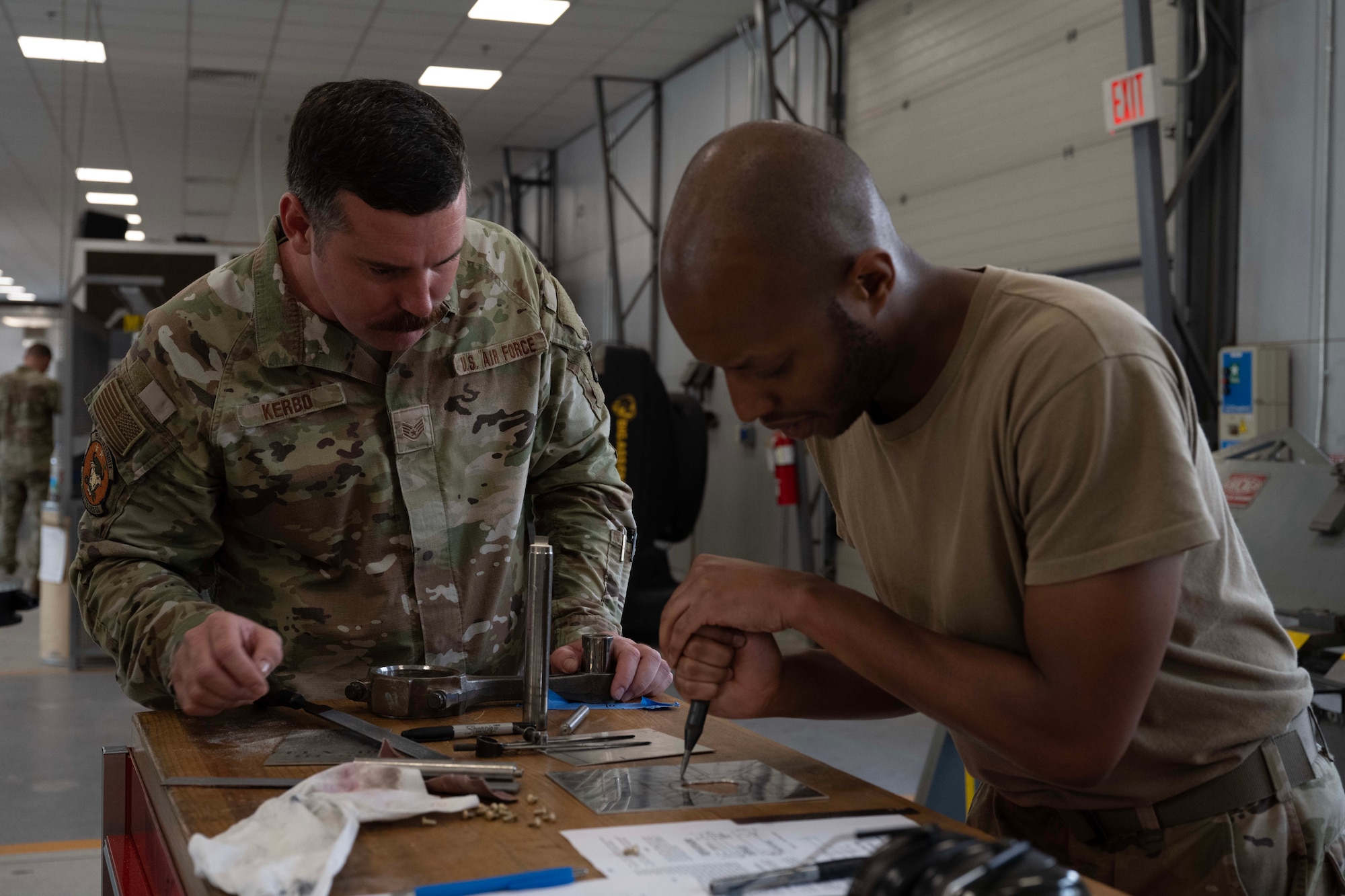 U.S. Air Force Tech. Sgt. Christopher Crisostomo, 39th Maintenance Squadron fabrication section chief, performs hands-on training at Incirlik Air Base, Türkiye, July 16, 2025. The scenario allows maintainers to apply practical repair skills essential to restoring aircraft during real-world operations