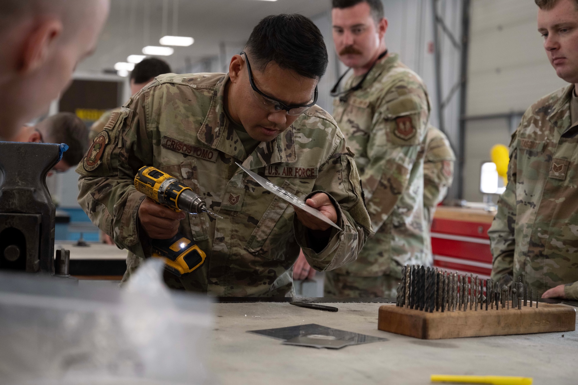 U.S. Air Force Tech. Sgt. Christopher Crisostomo, 39th Maintenance Squadron fabrication section chief, performs hands-on training at Incirlik Air Base, Türkiye, July 16, 2025. The scenario allows maintainers to apply practical repair skills essential to restoring aircraft during real-world operations.