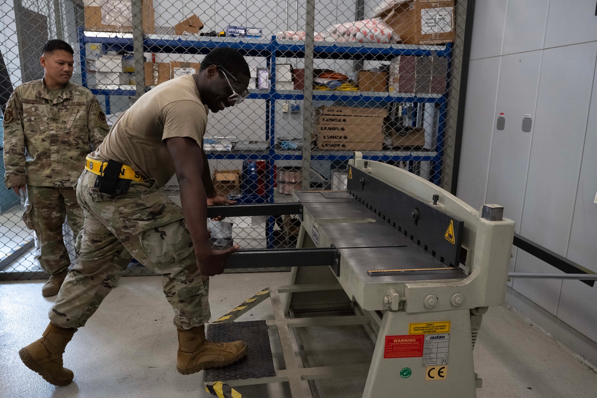U.S. Air Force Staff Sgt. Camerin Bryan, 728th Air Mobility Squadron transient aircraft craftsman, performs hands-on training at Incirlik Air Base, Türkiye, July 16, 2025. The scenario provides real-world context for learning how to evaluate damage and execute field-level aircraft repairs.