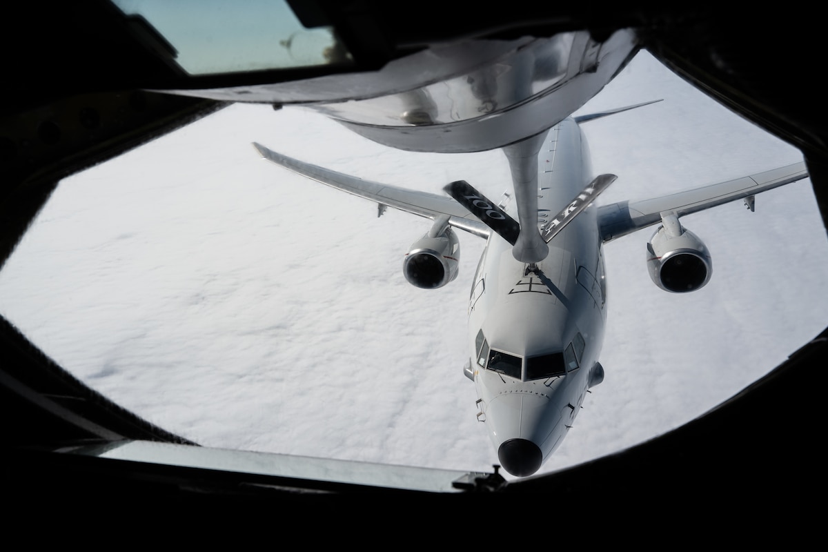 A U.S. Navy P-8 Poseidon receives fuel from a KC-135 Stratotanker from the 100th Air Refueling Wing, RAF Mildenhall, England, over the North Sea, July 18, 2025.