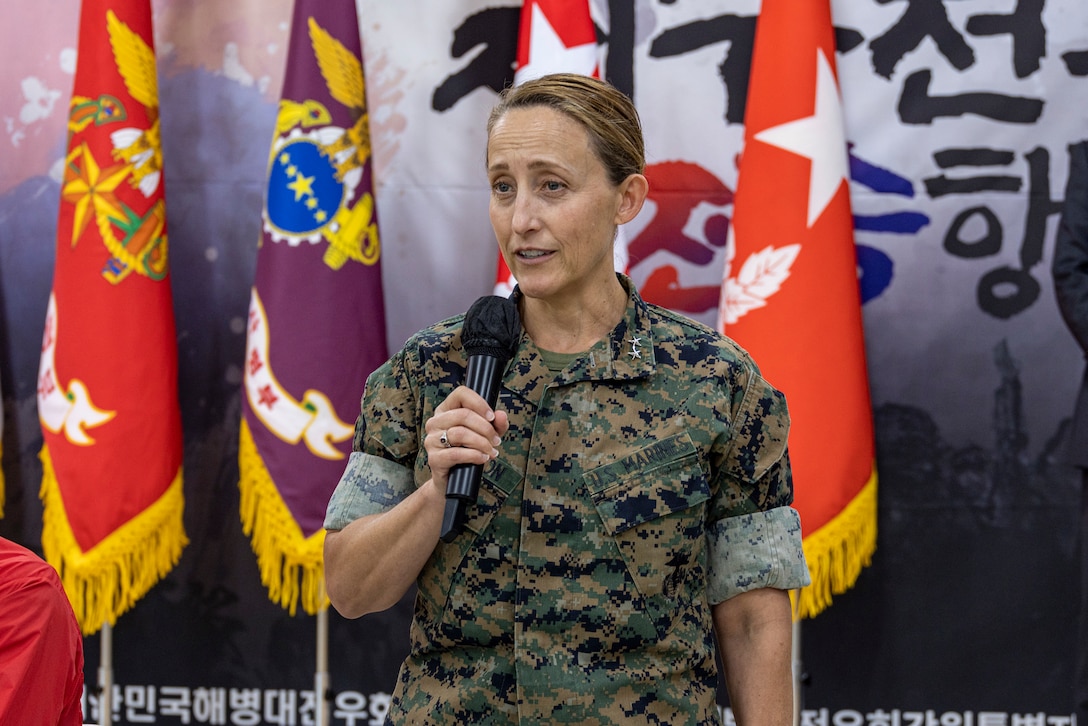 U.S. Marine Corps Maj. Gen. Valerie A. Jackson, commander of U.S. Marine Corps Forces Korea, gives remarks during a Battle of Dosol-Mountain Victory Commemoration Ceremony at Yanggu-gun, South Korea, June 14, 2025. The ceremony commemorated the Battle of Dosol-Mountain where in 1951 during the Korean War, ROK and U.S. Marines successfully reclaimed the strategically significant peak from Democratic People's Republic of Korea forces.