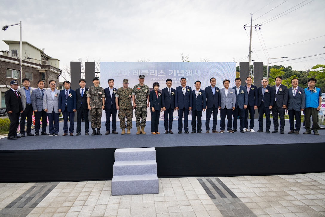 U.S. Marine Col. Peter E. Ankney, deputy commander of U.S. Marine Corps Forces Korea, poses with members of the Republic of Korea military and government during a Staff Sgt. Reckless commemoration ceremony at Yeoncheon-gun, South Korea, June 24, 2025. Reckless is a decorated war horse that served with Fifth Marine Regiment during the Korean War from 1952-1953.