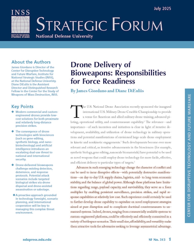 First page of Strategic Forum 313, "Drone Delivery of Bioweapons: Responsibilities for Force Readiness" by Dr. James Giordano and Diane DiEuliis.
