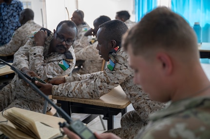U.S. Soldiers assigned to the Kentucky Army National Guard participate in a radio communications knowledge exchange with Djiboutian soldiers at the Djiboutian signal corps compound in Djibouti City, Djibouti, July 14, 2025.