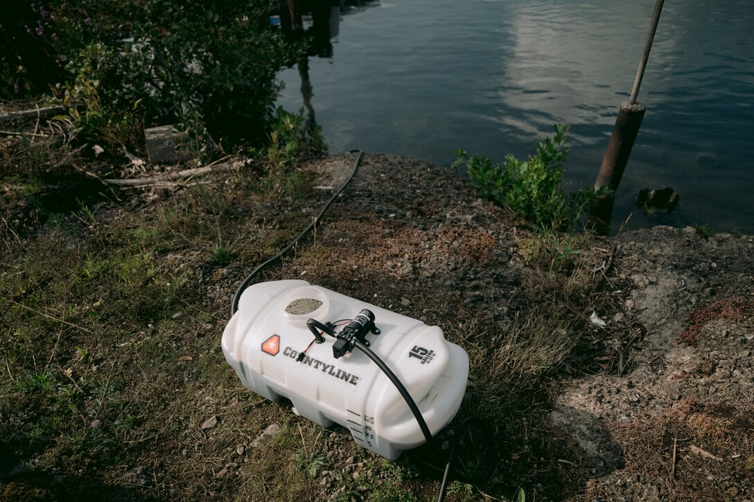 The U.S. Army Corps of Engineers, Buffalo District, oversees the application of herbicide in the Erie Canal to kill off the invasive hydrilla plant, North Tonawanda, New York, Aug. 13, 2024.
