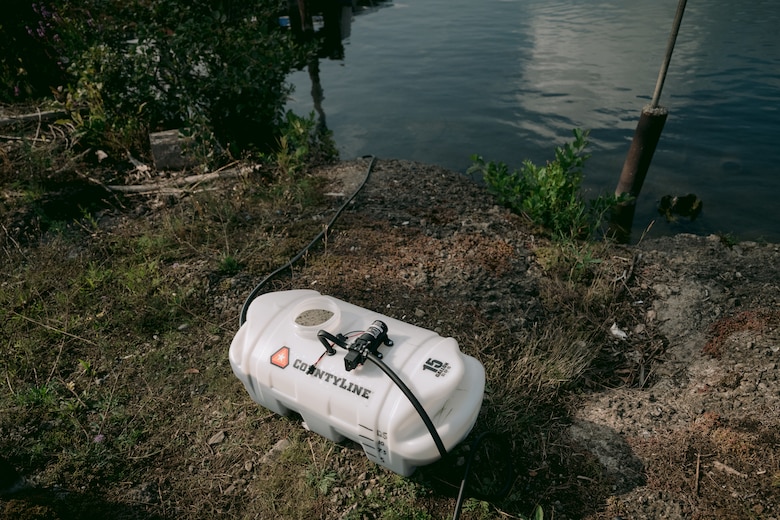 The U.S. Army Corps of Engineers, Buffalo District, oversees the application of herbicide in the Erie Canal to kill off the invasive hydrilla plant, North Tonawanda, New York, Aug. 13, 2024.