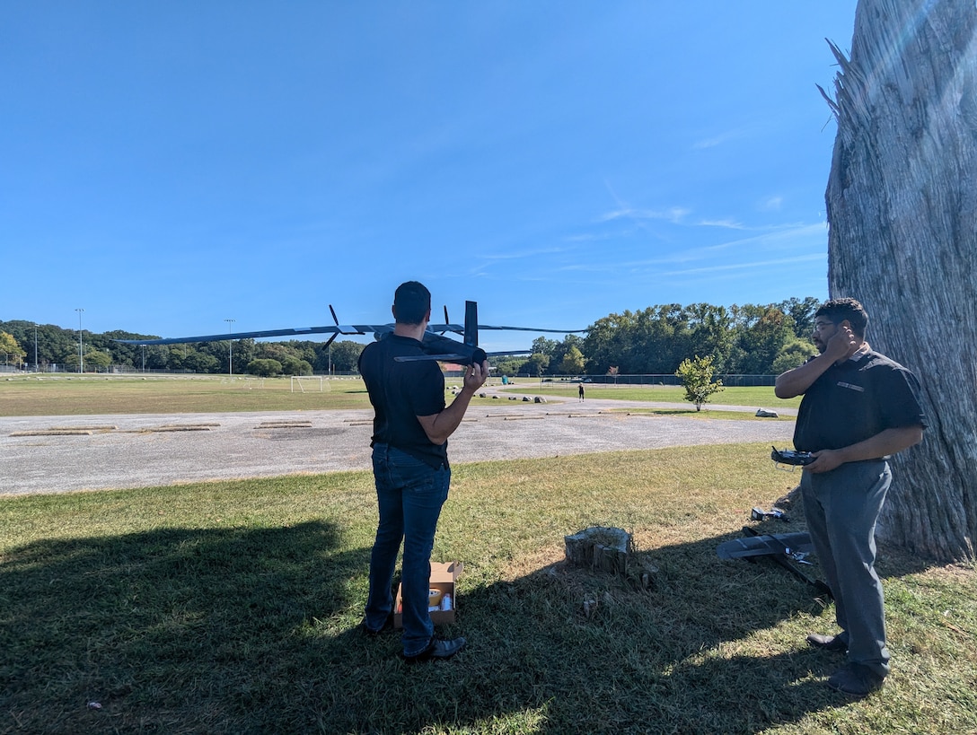 U.S. Air Force Tech Sgt. Stephen J. Larsen and Staff Sgt. Stefan N. Sobiech, SparkX Cell Innovation and Idea Center technicians at Joint Base Andrews, Md., conduct an off-base flight test the Blackbird unmanned aircraft system in September 2024. The system was developed after a request from the U.S. Army’s 1st Multi-Domain Task Force for a drone that could be 3D-printed, assembled and flight-ready in under two days.