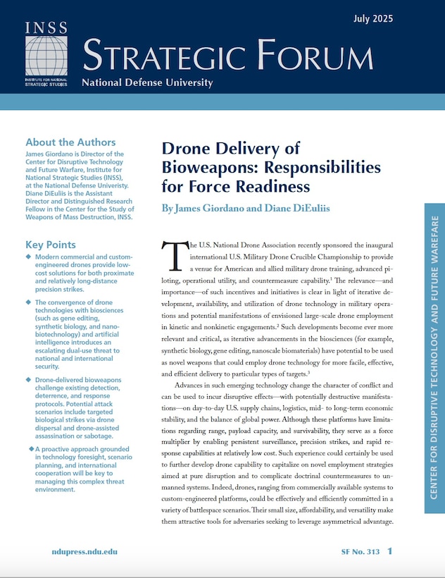 First page of Cover of Strategic Forum 313, "Drone Delivery of Bioweapons: Responsibilities for Force Readiness" by Dr. James Giordano and Dr. Diane DiEuliis