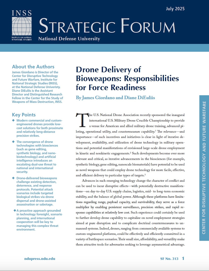 First page of Cover of Strategic Forum 313, "Drone Delivery of Bioweapons: Responsibilities for Force Readiness" by Dr. James Giordano and Dr. Diane DiEuliis