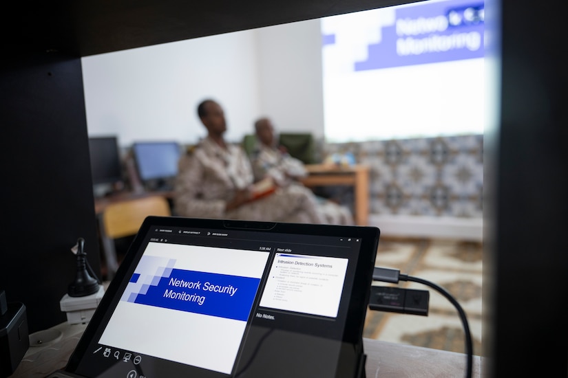 Djiboutian soldiers participate in a communication network knowledge exchange at the Djiboutian signal corp compound in Djibouti City, Djibouti, July 14, 2025.