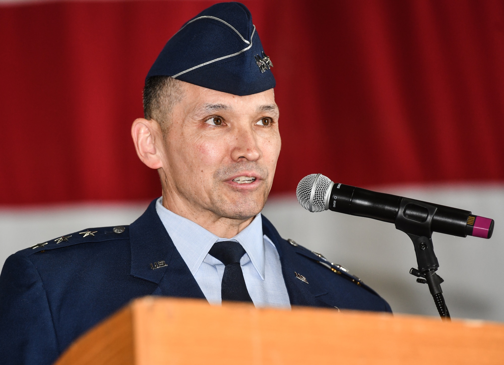 Lt. Gen. Thomas Hensley, 16th Air Force commander, speaks during the 557th Weather Wing assumption of command ceremony at Offutt Air Force Base, July 22, 2025. Col. Hank Chilcoat assumed command of the 557th Weather Wing. (U.S. Air Force photo by Chad Watkins)