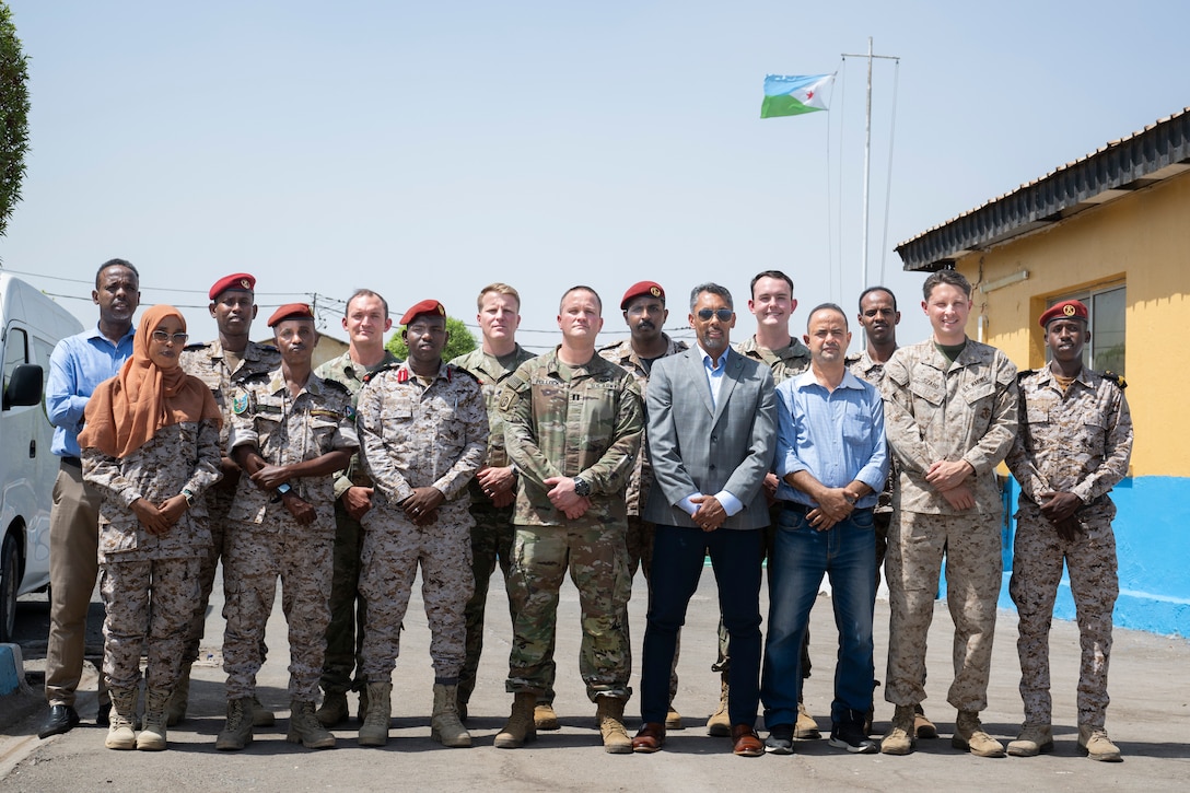 U.S. Africa Command, Combined Joint Task Force - Horn of Africa personnel, and Djiboutian soldiers conduct a communications network knowledge exchange at the Djiboutian signal corp compound in Djibouti City, Djibouti, July 14, 2025.