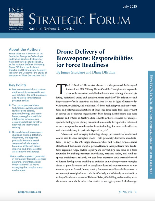 First page of Cover of Strategic Forum 313, "Drone Delivery of Bioweapons: Responsibilities for Force Readiness" by Dr. James Giordano and Dr. Diane DiEuliis