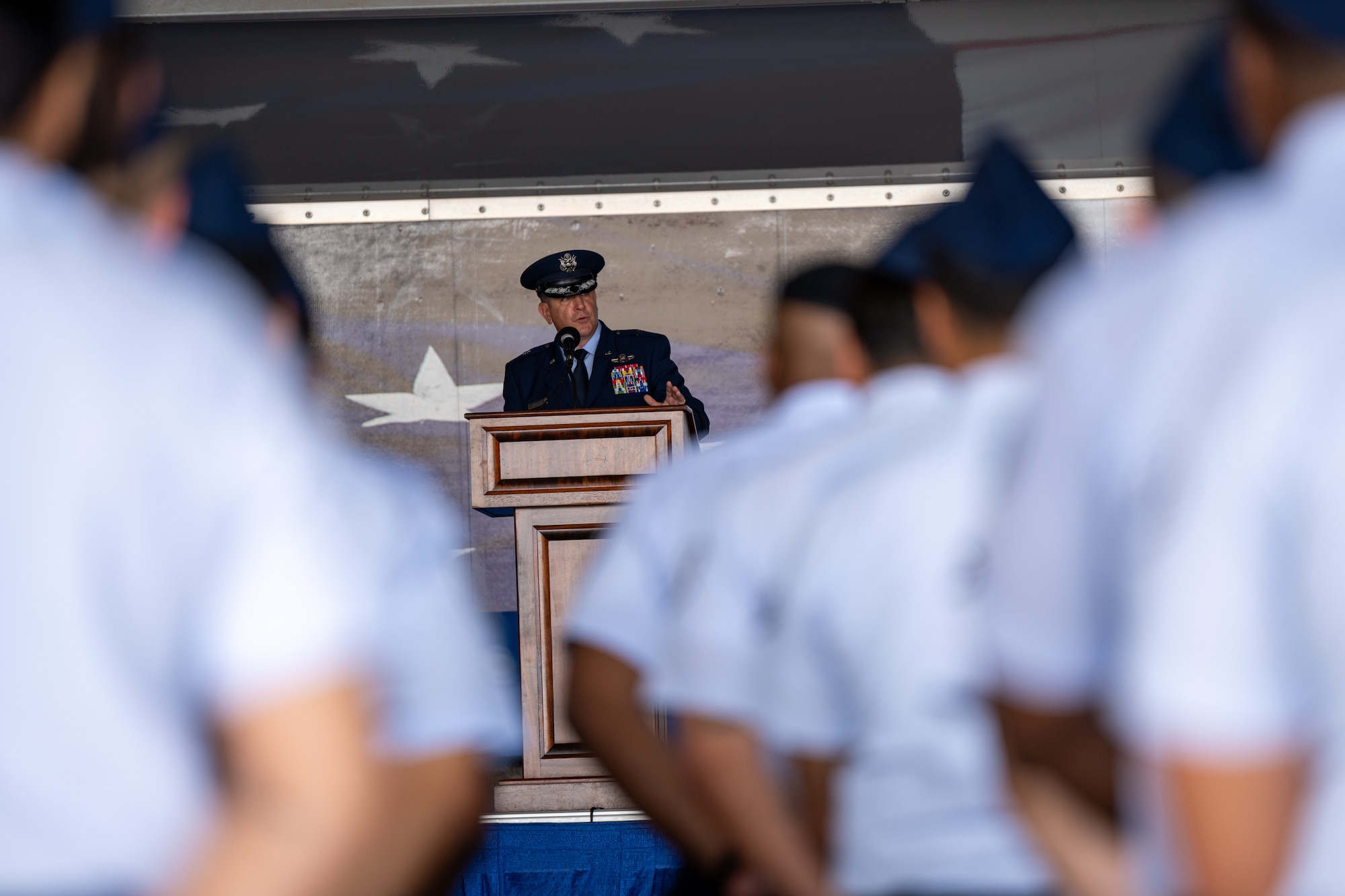 The Air Force Accessions Center (AFAC) held a change of command ceremony here July 18, 2025, as Brig. Gen. Jeffery Nelson assumed command from Brig. Gen. Christopher Amrhein.
Lt. Gen. Brian S. Robinson, commander of Air Education and Training Command, presided over the ceremony, which marked the first transition of leadership for the Air Force’s premier recruiting and accessions training organization, which became operational in December 2024.