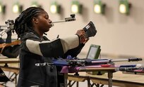 U.S. Army 1st Lt. Jani Merritt prepares for the precision air event (air rifle)  during the 2025 Department of Defense Warrior Games in Colorado Springs, Colorado, July 21, 2025.
