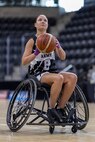 U.S. Army Spc. Avery Short warms up before a wheelchair basketball game during the 2025 Department of Defense Warrior Games at Colorado Springs, Colorado, July 20, 2025.