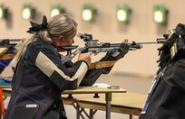 U.S. Army Maj. Amanda Feindt fires her air rifle during the precision air event at the 2025 Department of Defense Warrior Games in Colorado Springs, Colorado, July 21, 2025.