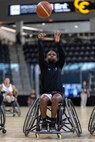 U.S. Army Staff Sgt. Allaijah Churchwell warms up before a wheelchair basketball game during the 2025 Department of Defense Warrior Games at Colorado Springs, Colorado, July 20, 2025.