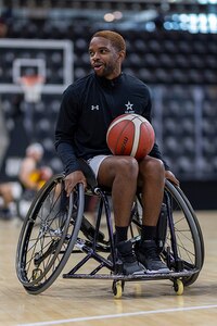 U.S. Army Staff Sgt. Allaijah Churchwell warms up before a wheelchair basketball game during the 2025 Department of Defense Warrior Games at Colorado Springs, Colorado, July 20, 2025.