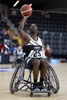U.S. Army Staff Sgt. Derrick Thompson warms up before a wheelchair basketball game during the 2025 Department of Defense Warrior Games at Colorado Springs, Colorado, July 20, 2025.