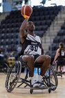 U.S. Army Master Sgt. Earlie Brown warms up before a wheelchair basketball game during the 2025 Department of Defense Warrior Games at Colorado Springs, Colorado, July 20, 2025.