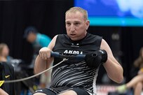 U.S. Army Sgt. 1st Class Jeffery Peters competes in the indoor rowing event during the 2025 Department of Defense Warrior Games at Colorado Springs, Colorado, July 21, 2025.