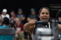 U.S. Army Staff Sgt. Mercedes Rangel competes in the indoor rowing event during the 2025 Department of Defense Warrior Games at Colorado Springs, Colorado, July 21, 2025.