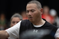 U.S. Army Capt Luis Avila focuses while competing in the indoor rowing event during the 2025 Department of Defense Warrior Games at Colorado Springs, Colorado, July 21, 2025.