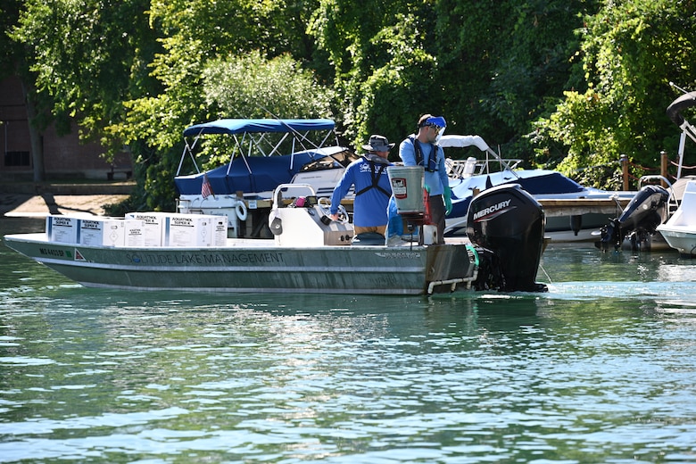 Contractors for the U.S. Army Corps of Engineers, Buffalo District treat the Erie Canal for hydrilla infestation using Aquathol, a New York State Department of Environmental Conservation and U.S. Environmental Protection Agency approved herbicide, in North Tonawanda, N.Y., July 22, 2025.