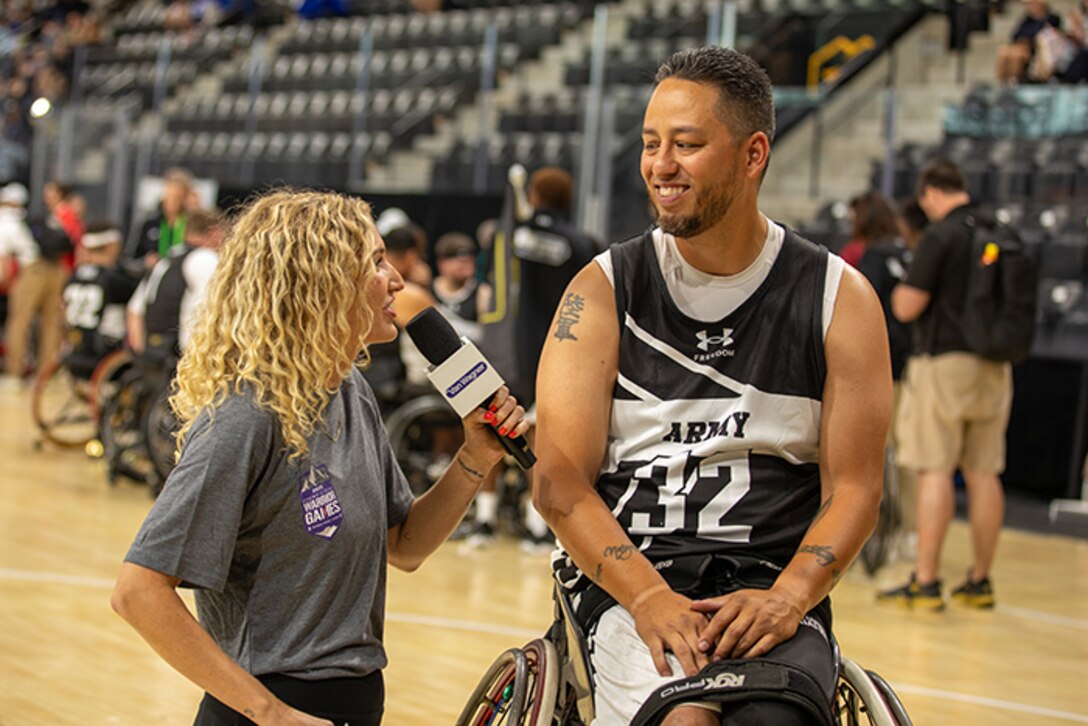 U.S. Army Retired Spc. Anthony Farve gives an interview following a wheelchair basketball game during the 2025 Department of Defense Warrior Games at Ed Robson Arena, Colorado Springs, Colorado, July 19, 2025.