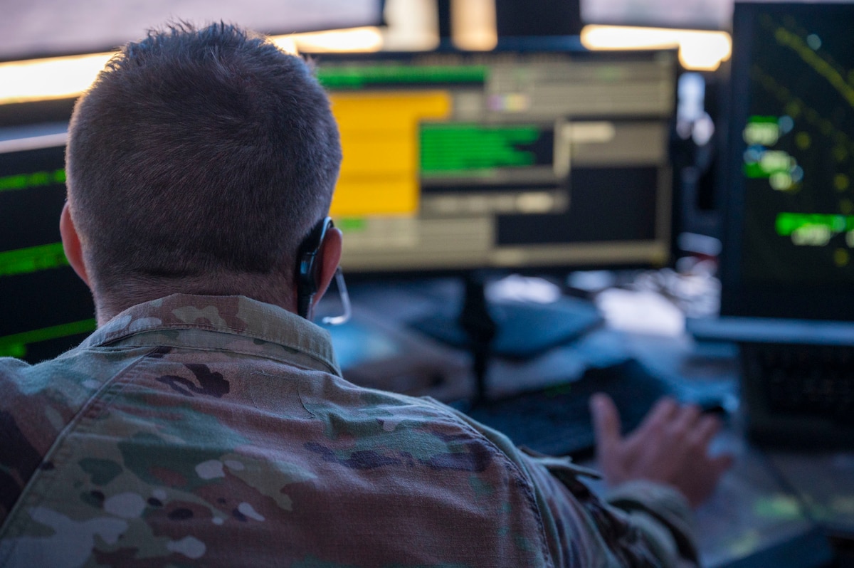 U.S. Air Force Senior Airman Trent Arn, 563rd Operational Support Squadron air traffic control trainer, adjusts the surveillance of the controlled movement area at Davis-Monthan Air Force Base, Arizona, July 23, 2025. From coordinating multiple aircraft to adapting to changing conditions, air traffic controllers are vital to the success of daily flight operations. (U.S. Air Force photo by Airman Samantha Melecio)