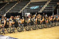 Team Army and Team SOCOM line up on the court before the start of the wheelchair basketball gold medal game at the 2025 Department of Defense Warrior Games in Ed Robson Arena, Colorado Springs, Colorado, July 20, 2025.