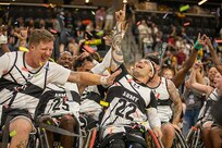 Team Army celebrates after securing the gold medal in wheelchair basketball during the 2025 Department of Defense Warrior Games in Ed Robson Arena, Colorado Springs, Colorado, July 20, 2025.
