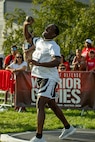 U.S. Army Master Sgt. Earlie Brown launches the shot put during the field event at the 2025 Department of Defense Warrior Games in Colorado Springs, Colorado, July 22, 2025.