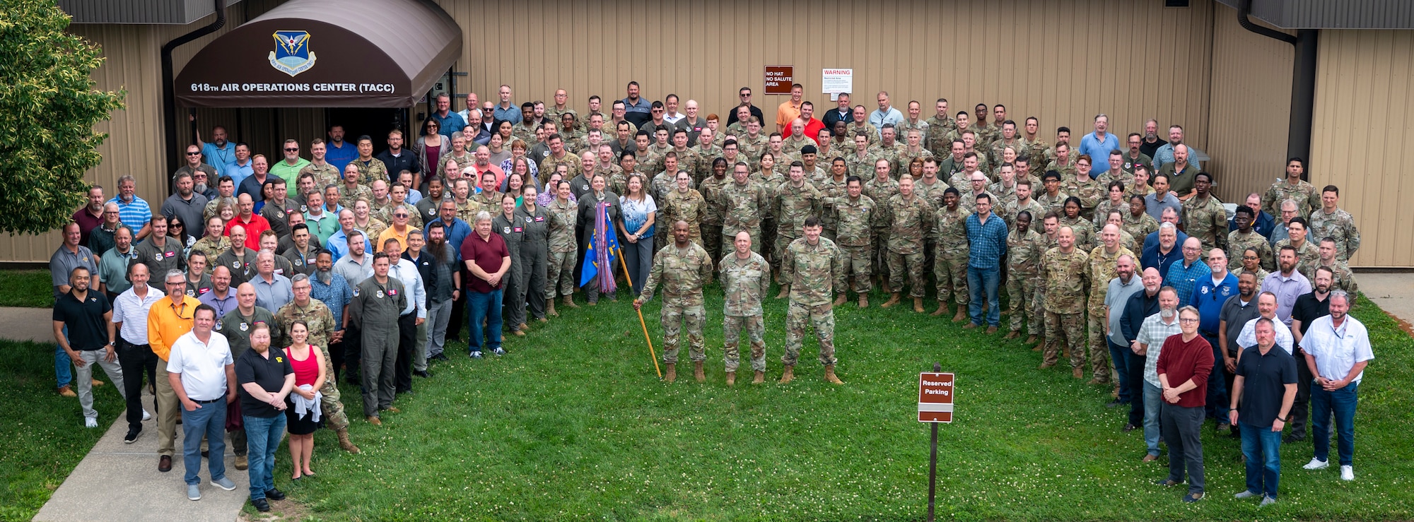 Personnel assigned to the 618th Air Operations Center pose for a group photo at Scott Air Force Base, Ill., June 12, 2025. The unit earned the Verne Orr Award for outstanding use of human resources in support of the Air Force mission. (U.S. Air Force photo by Staff Sgt. Ethan Sherwood)