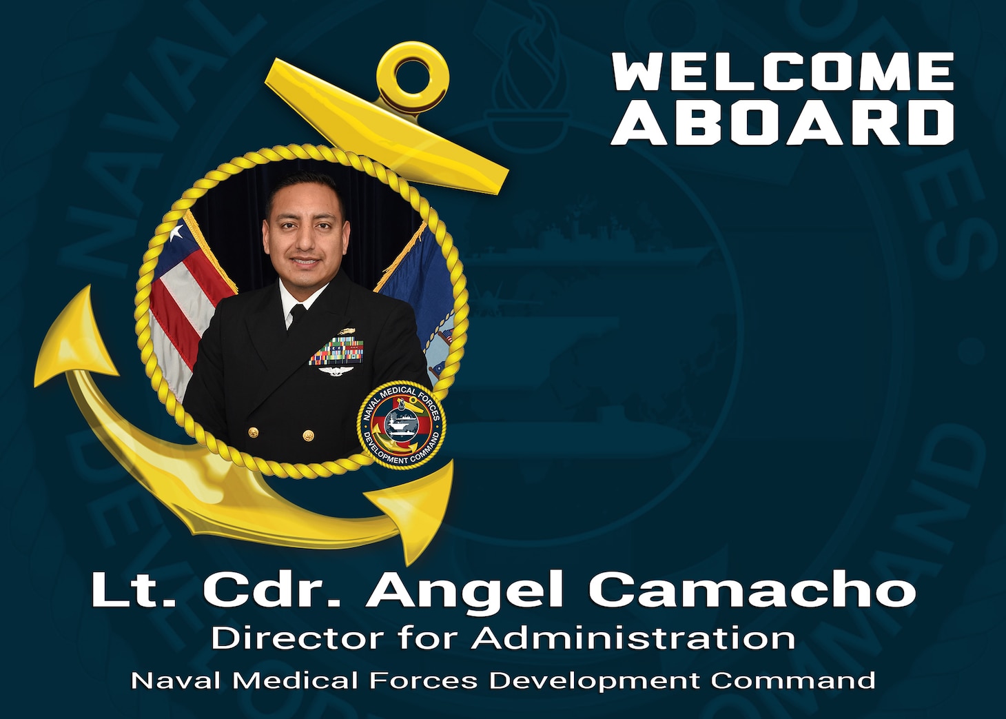 The Naval Medical Forces Development Command welcomes Lt. Cdr. Angel P. Camacho to the team as the new director for administration, at their headquarters based at Joint Base San Antonio-Fort Sam Houston, Texas, July 16, 2025. (U.S. Navy graphic by Malcolm McClendon).