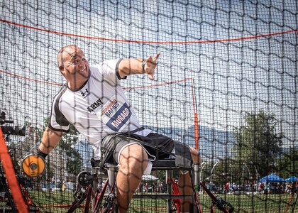 U.S. Army 1st Sgt. Christopher Morago prepares to throw the discus during the field event at the 2025 Department of Defense Warrior Games in Colorado Springs, Colorado, July 22, 2025.