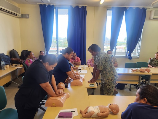 Cmdr. Christina Carter, a Navy public health nurse currently serving as the Director for Public Health at Naval Hospital Twentynine Palms and Navy Medicine Readiness and Training Command Twentynine Palms, teaches a Basic Life Support class in the Kingdom of Tonga, as part of Pacific Partnership 2025. Pacific Partnership is the U.S. Navy’s largest annual humanitarian mission, aimed at strengthening disaster response capabilities, building relationships with host nations, and improving health outcomes through education and collaboration (U.S. Navy Courtesy Photo).