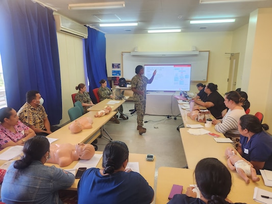 Cmdr. Christina Carter, a Navy public health nurse currently serving as the Director for Public Health at Naval Hospital Twentynine Palms and Navy Medicine Readiness and Training Command Twentynine Palms, teaches a Basic Life Support class in the Kingdom of Tonga, as part of Pacific Partnership 2025. Pacific Partnership is the U.S. Navy’s largest annual humanitarian mission, aimed at strengthening disaster response capabilities, building relationships with host nations, and improving health outcomes through education and collaboration (U.S. Navy Courtesy Photo).