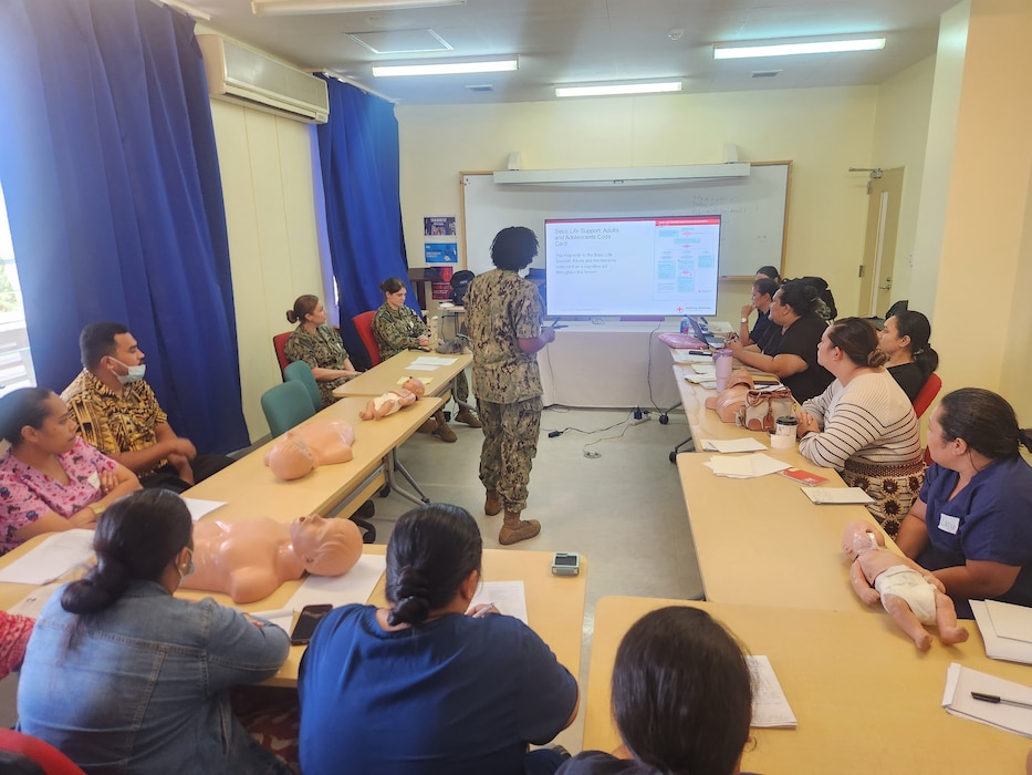 Cmdr. Christina Carter, a Navy public health nurse currently serving as the Director for Public Health at Naval Hospital Twentynine Palms and Navy Medicine Readiness and Training Command Twentynine Palms, teaches a Basic Life Support class in the Kingdom of Tonga, as part of Pacific Partnership 2025. Pacific Partnership is the U.S. Navy’s largest annual humanitarian mission, aimed at strengthening disaster response capabilities, building relationships with host nations, and improving health outcomes through education and collaboration (U.S. Navy Courtesy Photo).