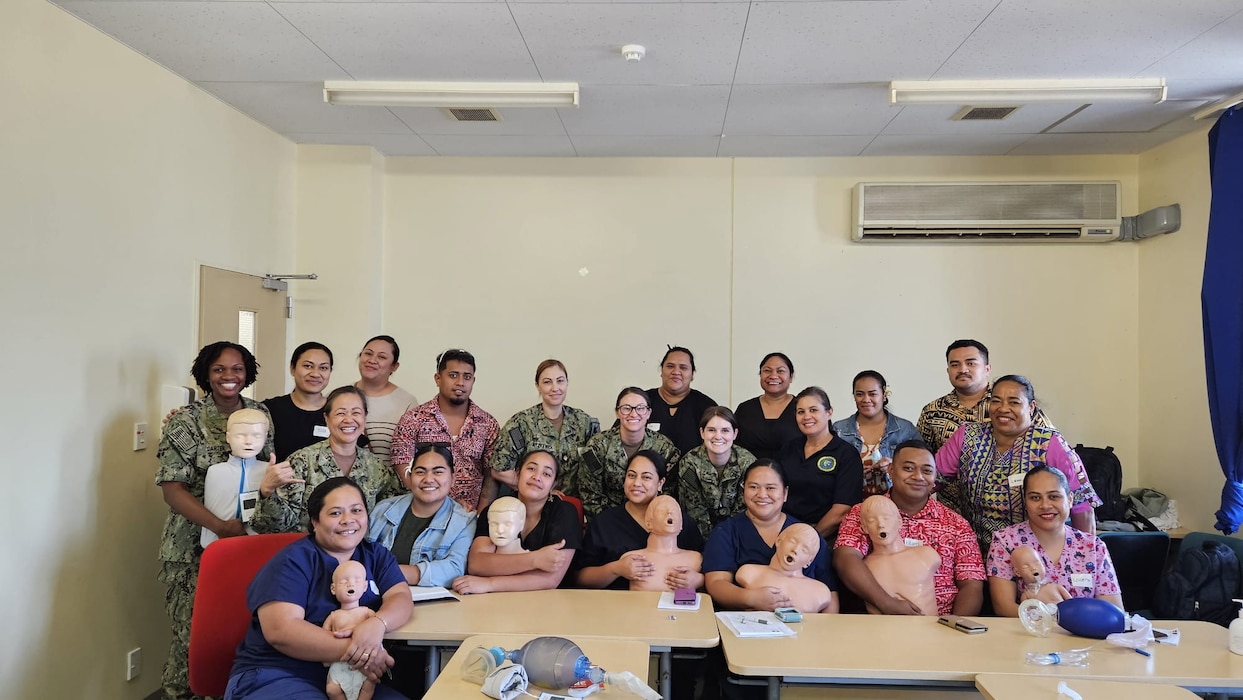 Cmdr. Christina Carter, a Navy public health nurse currently serving as the Director for Public Health at Naval Hospital Twentynine Palms and Navy Medicine Readiness and Training Command Twentynine Palms, teaches a Basic Life Support class in the Kingdom of Tonga, as part of Pacific Partnership 2025. Pacific Partnership is the U.S. Navy’s largest annual humanitarian mission, aimed at strengthening disaster response capabilities, building relationships with host nations, and improving health outcomes through education and collaboration (U.S. Navy Courtesy Photo).
