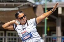 U.S. Army Staff Sgt. Mercedes Rangel puts the shot in the field event during the 2025 Department of Defense Warrior Games at Colorado Springs, Colorado, July 22, 2025.