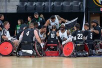 Team Army huddles during the wheelchair rugby event at the 2025 Department of Defense Warrior Games at Ed Robson Arena in Colorado Springs, Colorado, July 22, 2025.